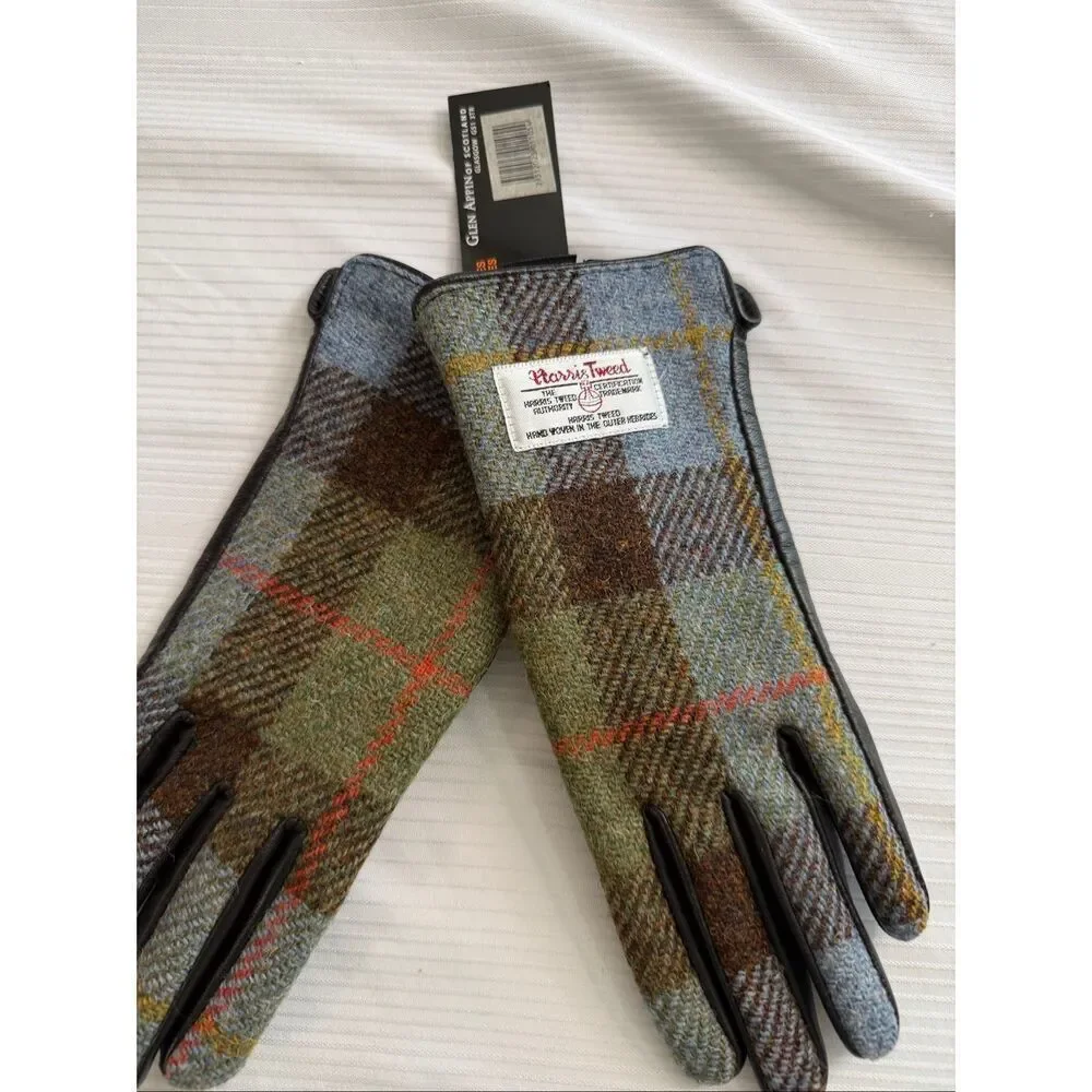 Glen Appin Wool Harris Tweed Gloves Women Size Small Scotland Blue Brown Plaid